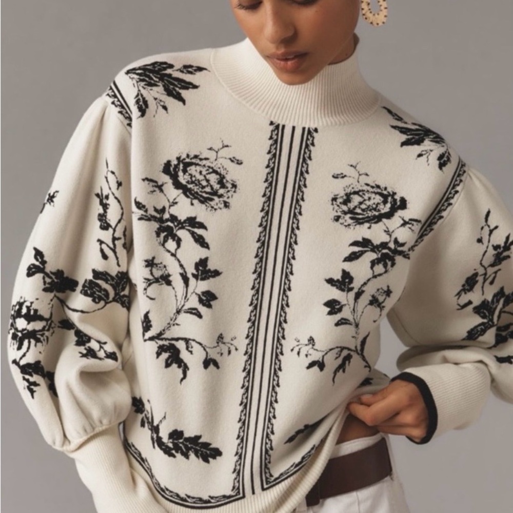 Anthropologie Cream and Black Floral Turtleneck Sweater